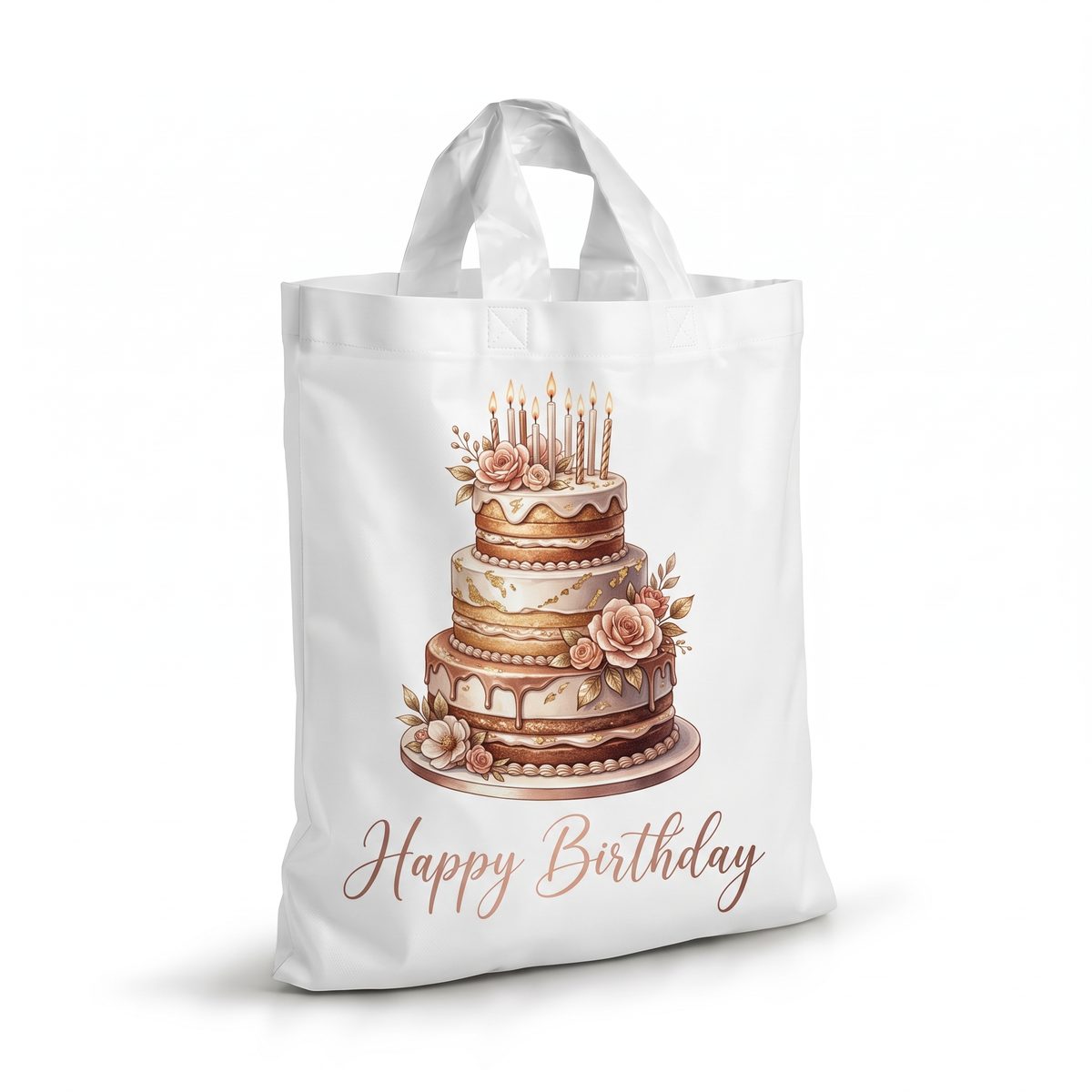პარკი მარყუჟიანი სახელურით, Happy Birthday-ს პრინტით და ტორტით თეთრი პარკი მარყუჟიანი სახელურით, ტორტი სანთლებით და წარწერა Happy Birthday