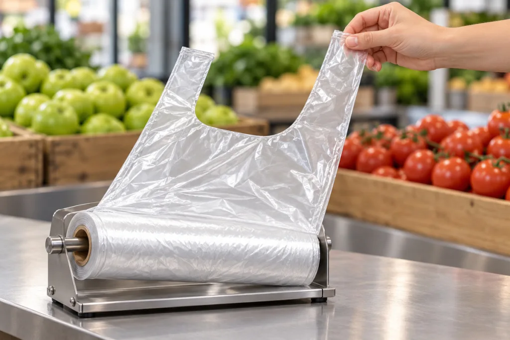 Roll of T-shirt bags on a holder at a produce counter