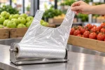 Roll of T-shirt bags on a holder at a produce counter