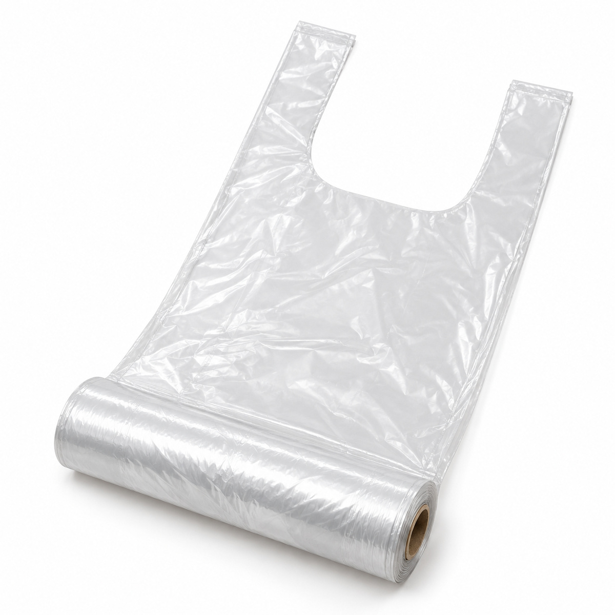Roll of T-shirt bags on a cardboard core Clear T-shirt bags on a roll with a cardboard core
