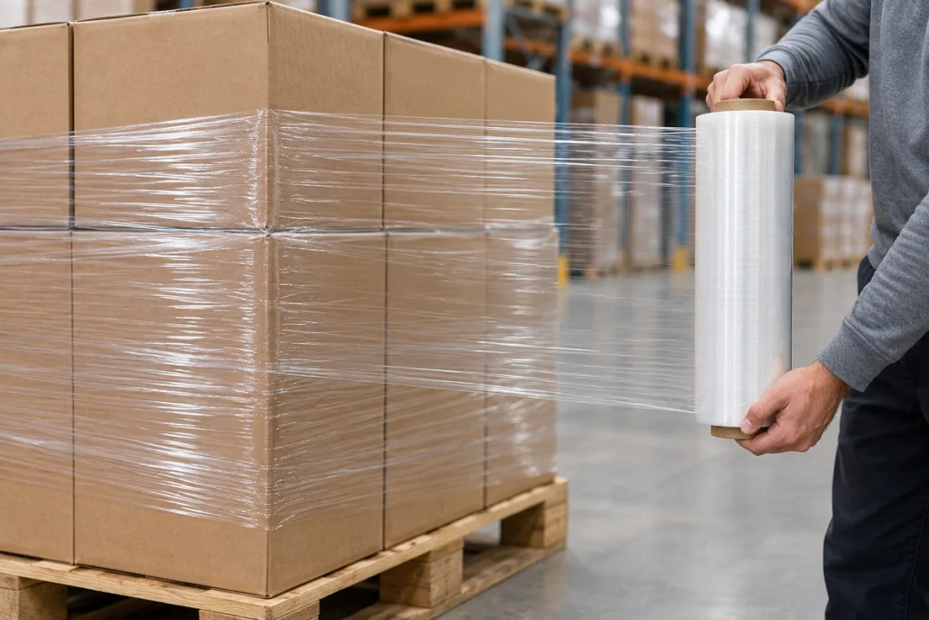 Hand-wrapping a pallet with stretch film from the roll