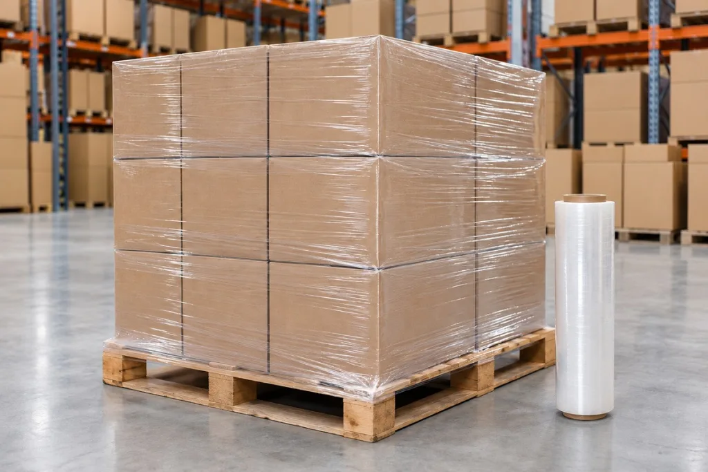 Pallet of boxes wrapped in stretch film, in a warehouse